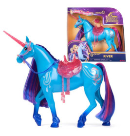 Blaues Einhornspielzeug mit pinkem Sattel, lila Mähne und Schweif, in und außerhalb der Verpackung.