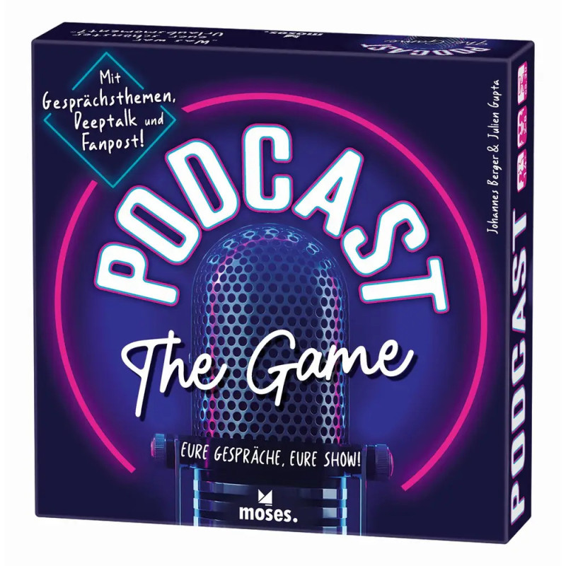 Podcast-Box The Game mit Mikrofon, Neontext und deutscher Schrift auf dunklem Hintergrund. Podcast-Box The Game mit Mikrofon, Neontext und deutscher Schrift auf dunklem Hintergrund.