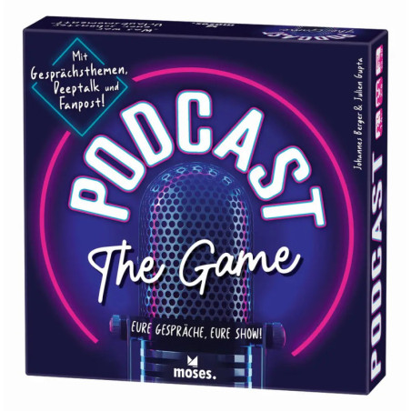 Podcast-Box The Game mit Mikrofon, Neontext und deutscher Schrift auf dunklem Hintergrund.