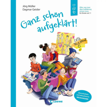 Sechs vielfältige Kinder sitzen lachend im Kreis, darüber steht der Text: Ganz schön aufgeklärt!.