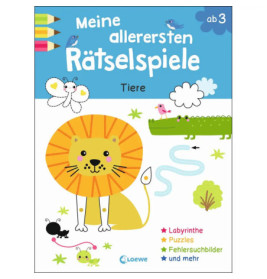 Buntes Cover von "Loewe: Meine allerersten Rätselspiele - Tiere" mit verspielten Tier-Illustrationen.