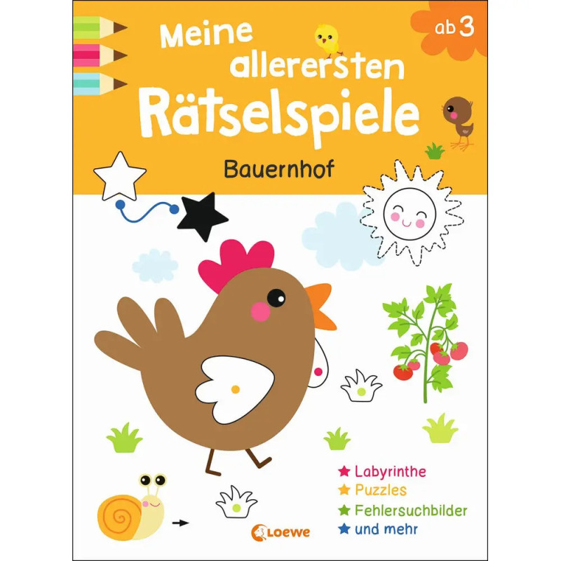 Buntes deutsches Rätselbuch mit gezeichneten Bauernhoftieren, Formen und kindgerechten Motiven ab 3 Jahren.