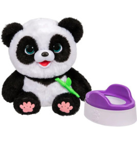 Eine Plüschpanda mit grünem Bambus und einem lila Töpfchen daneben.