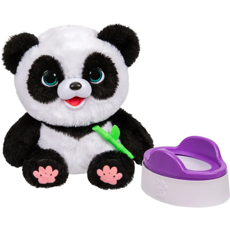 Eine Plüschpanda mit grünem Bambus und einem lila Töpfchen daneben.