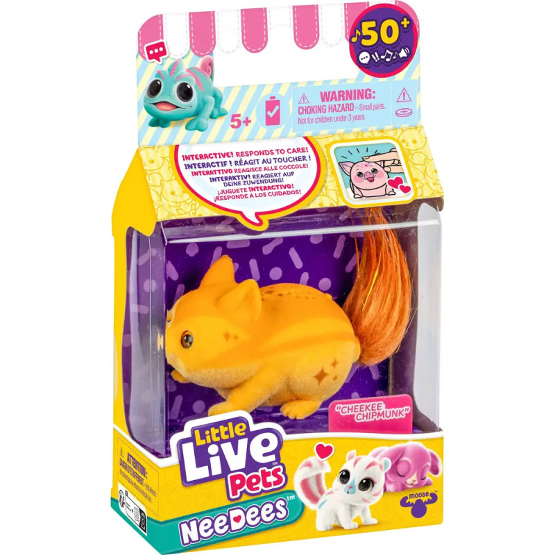 Little Live Pets NeeDees Cheekee Chipmunk Spielzeug in gelber Box mit orangefarbenem Schwanz.