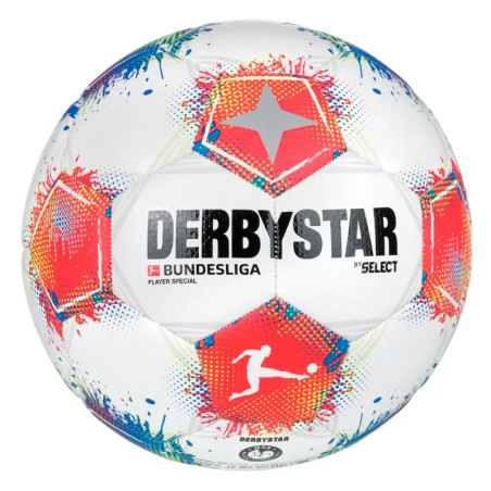 Weißer Derbystar-Ball mit bunten Farbspritzern, Bundesliga-Logo und spielendem Spieler als Grafik.