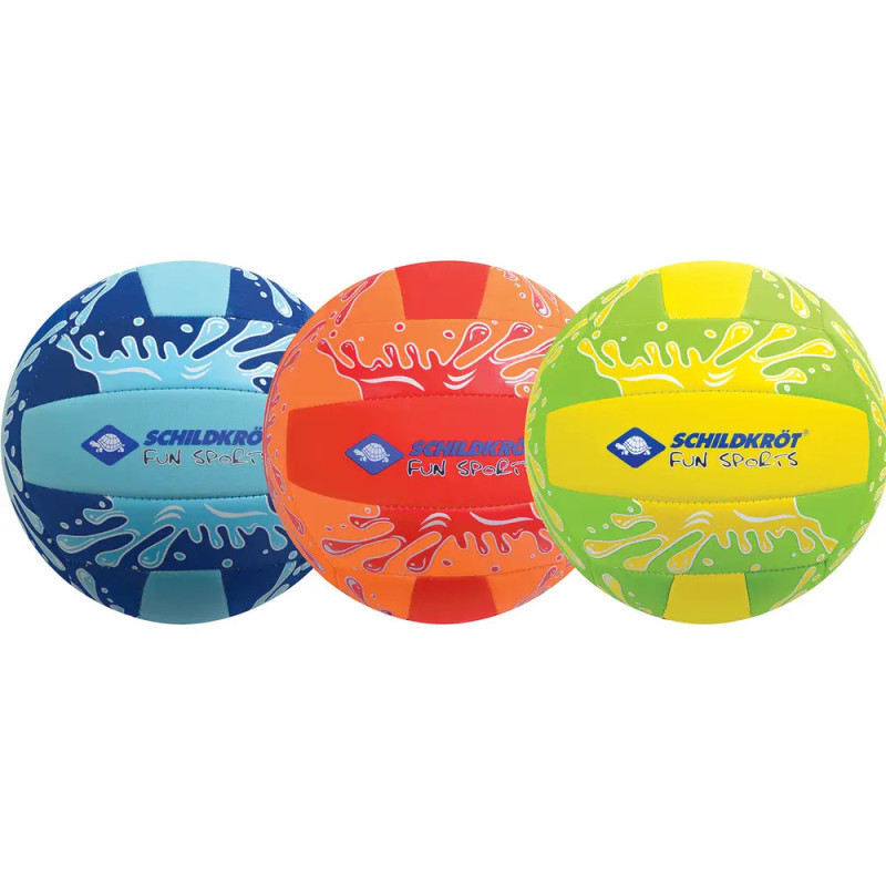 Drei bunte Schildkröt Fun Sports Bälle in Blau, Orange und Gelb mit Splash-Designs.