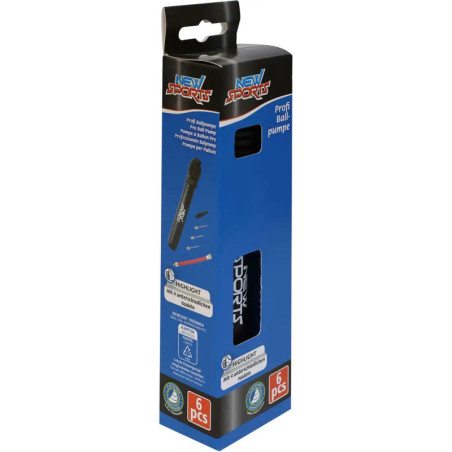 Blau-schwarze Verpackung einer New Sports Ballpumpe mit Produktbildern und hervorgehobenen Funktionen.