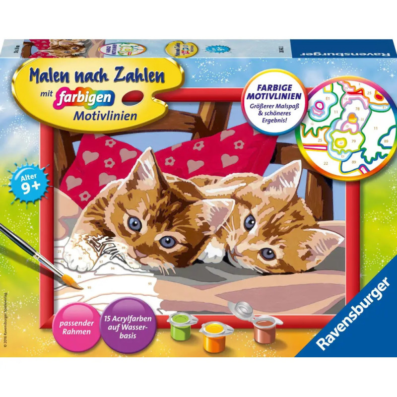 Malset mit zwei orangefarbenen Katzen auf einem Bett Farben und Pinsel liegen im Vordergrund.