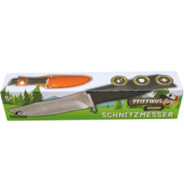 Outdoor-Kindermesser mit orangefarbener Scheide, Aufschrift Schnitzmesser, Cartoon-Figur auf der Verpackung.
