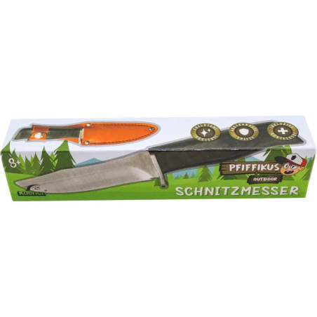 Outdoor-Kindermesser mit orangefarbener Scheide, Aufschrift Schnitzmesser, Cartoon-Figur auf der Verpackung.