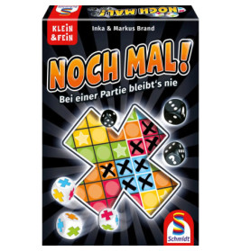 Noch Mal!-Box mit farbigem Raster, Würfeln und Symbolen vor dunklem, strahlenförmigem Hintergrund.