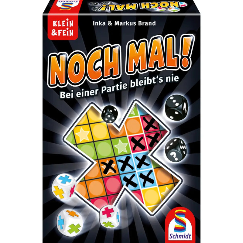 Noch Mal!-Box mit farbigem Raster, Würfeln und Symbolen vor dunklem, strahlenförmigem Hintergrund. Noch Mal!-Box mit farbigem Raster, Würfeln und Symbolen vor dunklem, strahlenförmigem Hintergrund.
