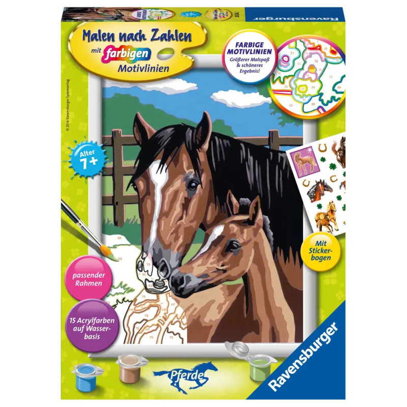 Malset mit Pferd-und-Fohlen-Motiv, Farbtöpfchen und Stickern auf der Verpackung. Malset mit Pferd-und-Fohlen-Motiv, Farbtöpfchen und Stickern auf der Verpackung.