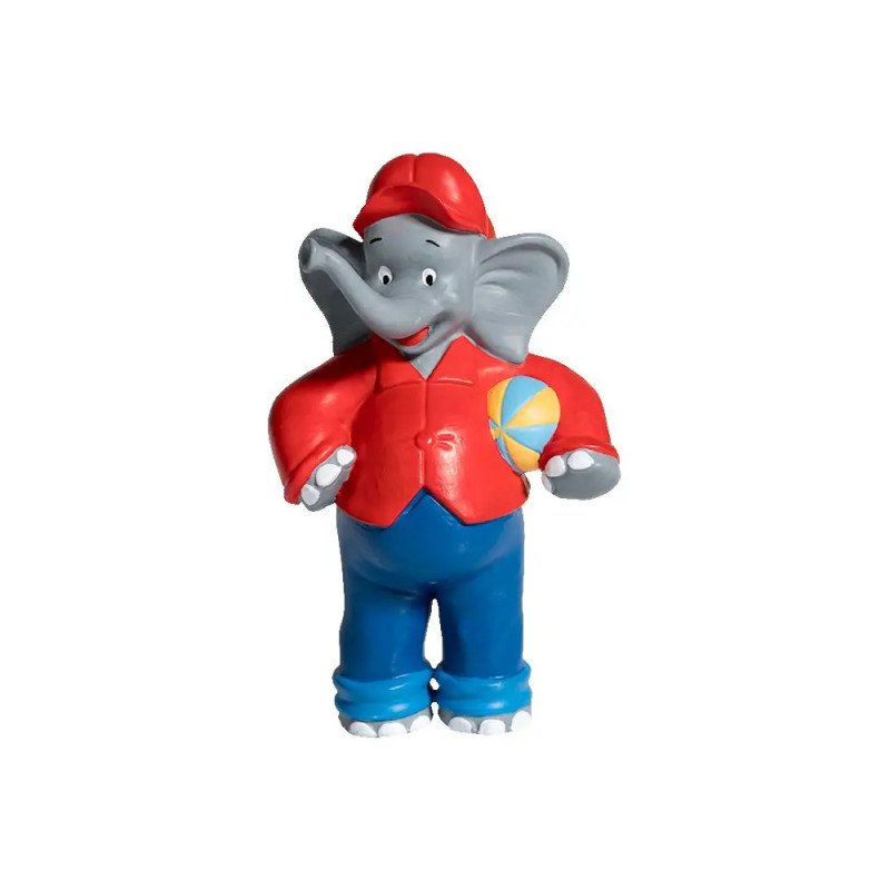 Cartoon-Elefant mit rotem Hemd, blauer Hose, roter Mütze und buntem Ball in der Hand. Cartoon-Elefant mit rotem Hemd, blauer Hose, roter Mütze und buntem Ball in der Hand.