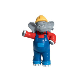 Spielzeugelefant in blauer Latzhose, rotem Shirt und gelbem Helm, steht mit erhobenem Arm.