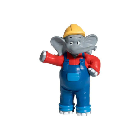 Spielzeugelefant in blauer Latzhose, rotem Shirt und gelbem Helm, steht mit erhobenem Arm.