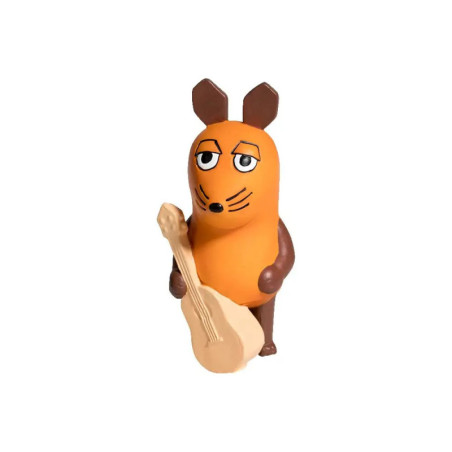 Orangefarbene Cartoon-Maus mit braunen Ohren hält eine beigefarbene Gitarre vor weißem Hintergrund. Orangefarbene Cartoon-Maus mit braunen Ohren hält eine beigefarbene Gitarre vor weißem Hintergrund.
