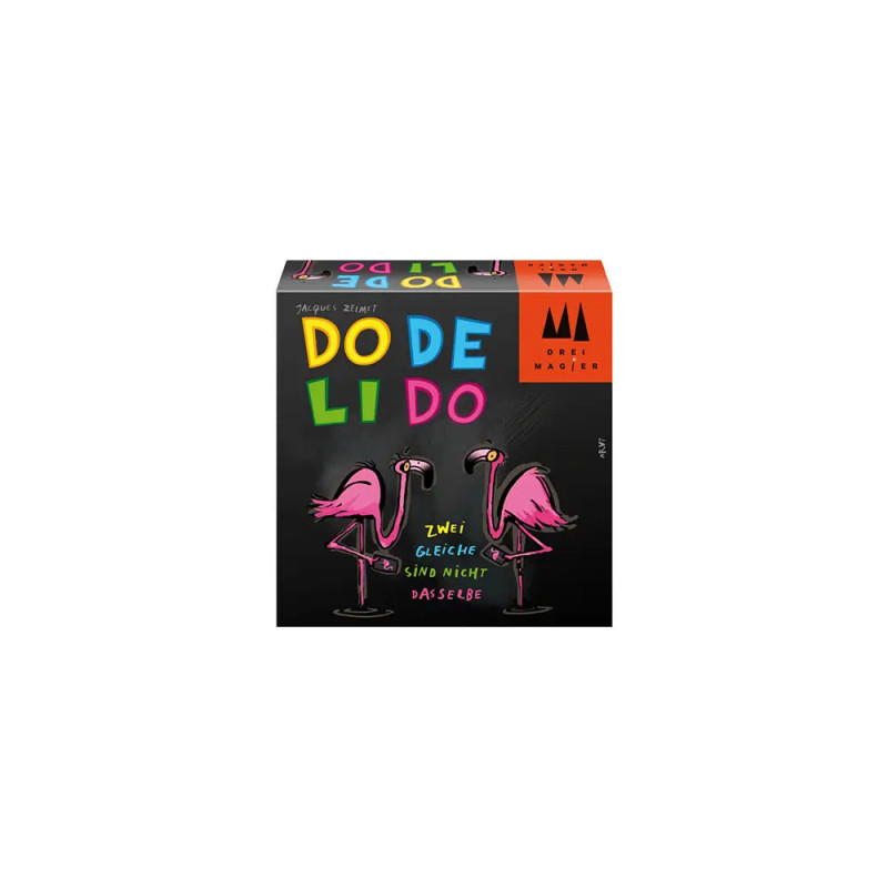 Bunte DODELIDO-Spielbox mit zwei Flamingos und deutschem Text auf schwarzem Hintergrund. Bunte DODELIDO-Spielbox mit zwei Flamingos und deutschem Text auf schwarzem Hintergrund.
