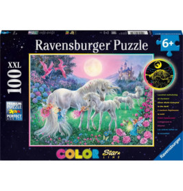Ravensburger Puzzle mit Einhörnern, Fohlen und pinken Vögeln in Zauberlandschaft, für Kinder ab 6 Jahren.