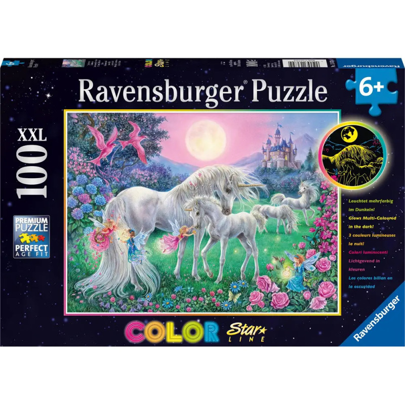 Ravensburger Puzzle mit Einhörnern, Fohlen und pinken Vögeln in Zauberlandschaft, für Kinder ab 6 Jahren. Ravensburger Puzzle mit Einhörnern, Fohlen und pinken Vögeln in Zauberlandschaft, für Kinder ab 6 Jahren.