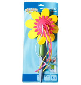 Blumen-Wasser-Sprinkler in Gelb und Pink, blaue Verpackung, empfohlen ab 3 Jahren.