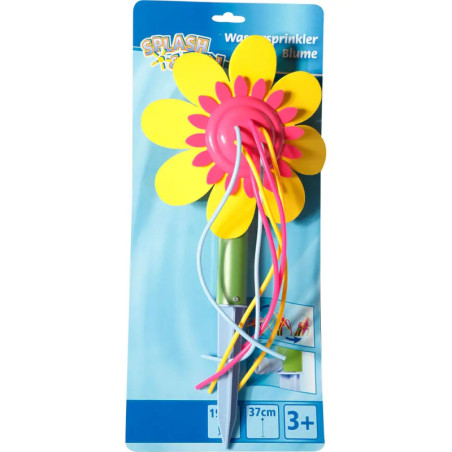 Blumen-Wasser-Sprinkler in Gelb und Pink, blaue Verpackung, empfohlen ab 3 Jahren.