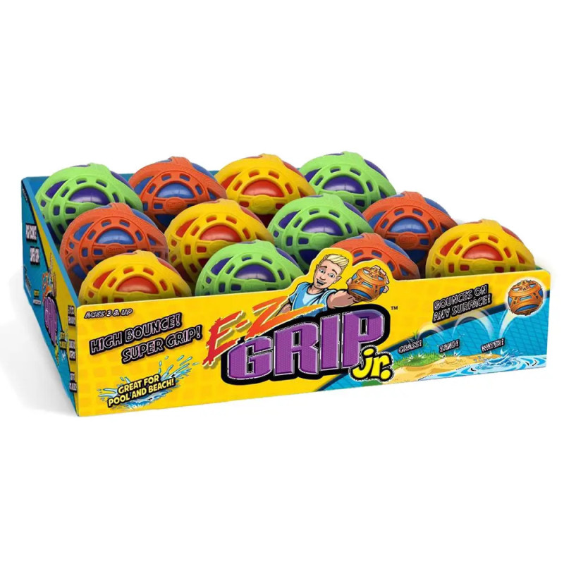 Bunte E-Z Grip Jr. Bälle im Displaykarton, geeignet für hohen Rückprall, Pool und Strand. Bunte E-Z Grip Jr. Bälle im Displaykarton, geeignet für hohen Rückprall, Pool und Strand.