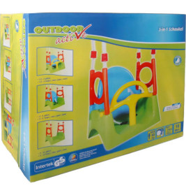 Verpackung des Outdoor Active 3-in-1 Schaukelsets mit bunter Kinderschaukel und Lenkrad.