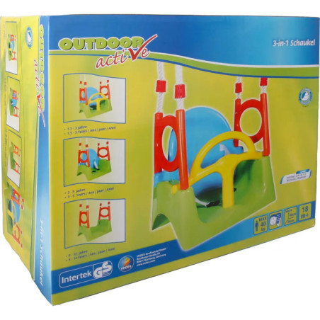 Verpackung des Outdoor Active 3-in-1 Schaukelsets mit bunter Kinderschaukel und Lenkrad. Verpackung des Outdoor Active 3-in-1 Schaukelsets mit bunter Kinderschaukel und Lenkrad.