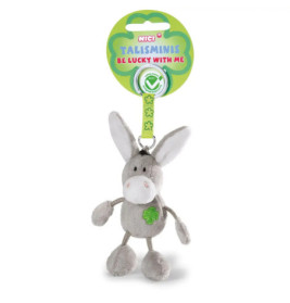 Plüschiger grauer Esel-Schlüsselanhänger mit grünem Kleeblatt und dem Schriftzug Talisminis Be Lucky With Me.