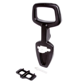 Schwarzer Kunststoffschlüssel mit weißen und schwarzen Zubehörteilen, vermutlich Werkzeug oder Geräteteil.