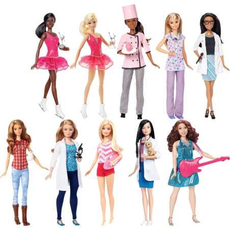 Zehn Barbiepuppen in unterschiedlichen Berufsoutfits wie Köchin, Ärztin, Wissenschaftlerin, Musikerin und Sportlerin.