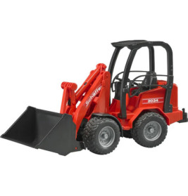 Roter Spielzeug-Frontlader mit großen Rädern und schwarzer Schaufel.