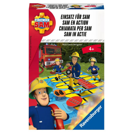 Fireman Sam Brettspiel mit animierten Feuerwehrleuten und Feuerwehrauto, ab 4 Jahren.