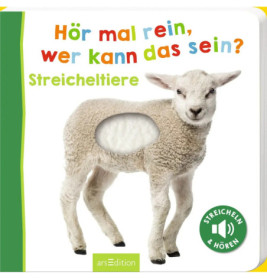 Deutsches Kinderbuchcover mit einem Lamm, Fühlelement und farbenfrohem Text.