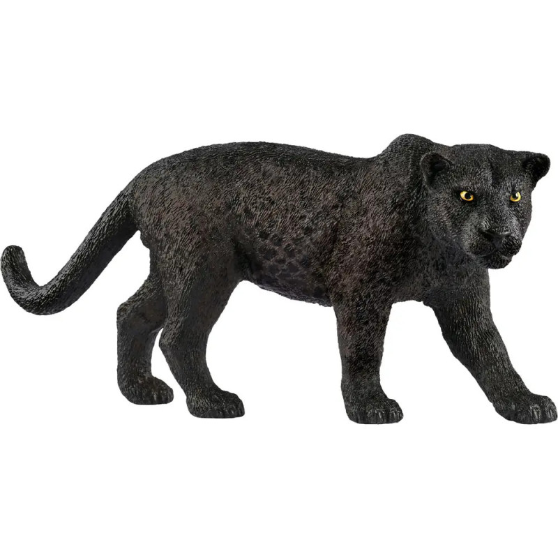 Eine schwarze Pantherfigur mit gelben Augen steht nach rechts gewandt vor weißem Hintergrund.