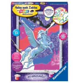 Malen-nach-Zahlen-Set mit fliegendem Glitzer-Pegasus, Farbtöpfchen und farbenfrohem Hintergrund.