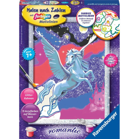Malen-nach-Zahlen-Set mit fliegendem Glitzer-Pegasus, Farbtöpfchen und farbenfrohem Hintergrund.