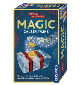 Zauberkasten mit Münzen, schwebendem Schein und durchsichtiger Box mit rotem Band, beschriftet mit MAGIC ZAUBER-TRUHE.