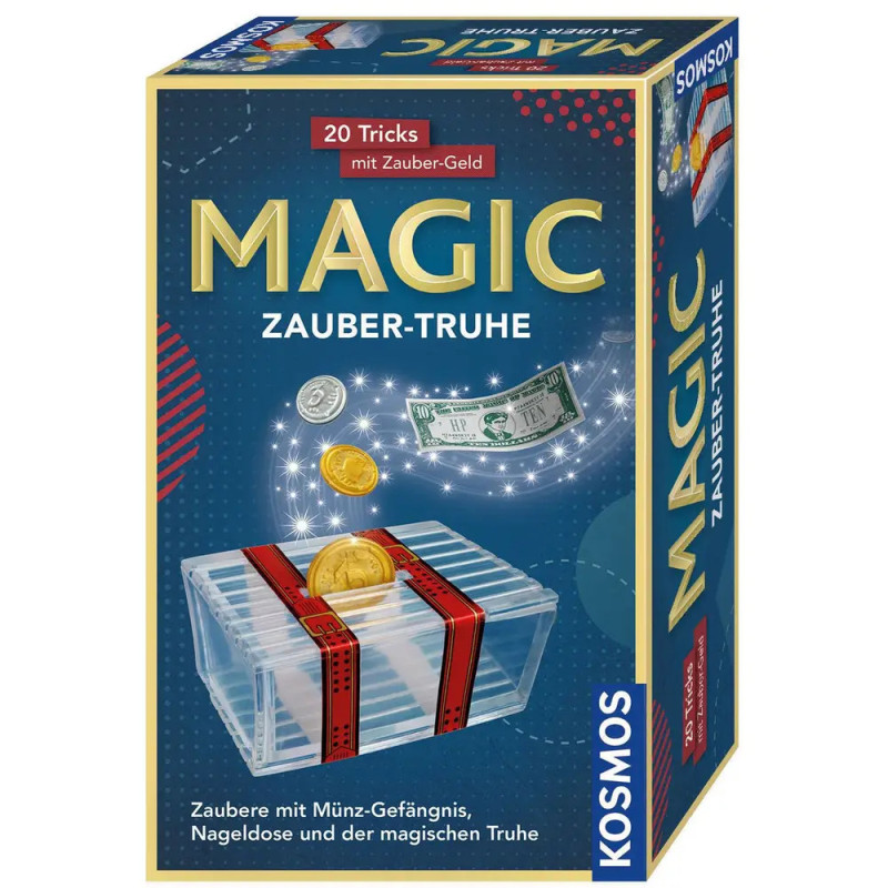 Zauberkasten mit Münzen, schwebendem Schein und durchsichtiger Box mit rotem Band, beschriftet mit MAGIC ZAUBER-TRUHE. Zauberkasten mit Münzen, schwebendem Schein und durchsichtiger Box mit rotem Band, beschriftet mit MAGIC ZAUBER-TRUHE.