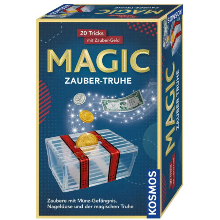 Zauberkasten mit Münzen, schwebendem Schein und durchsichtiger Box mit rotem Band, beschriftet mit MAGIC ZAUBER-TRUHE. Zauberkasten mit Münzen, schwebendem Schein und durchsichtiger Box mit rotem Band, beschriftet mit MAGIC ZAUBER-TRUHE.