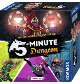 Bunte 5-Minuten-Dungeon-Spielschachtel mit Heldenillustrationen und einem Zauberer, der Sanduhren hält.