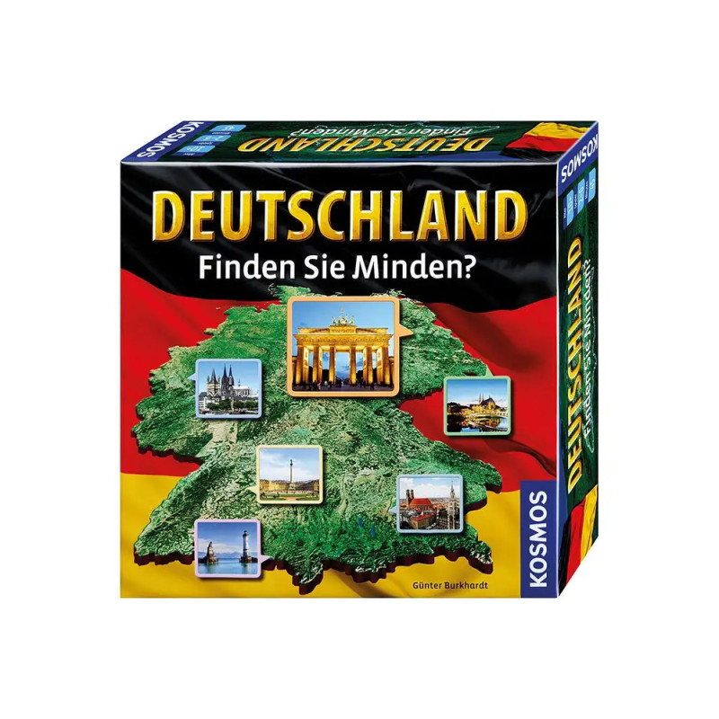 Deutschland-Spieleschachtel mit deutschen Wahrzeichen auf einer Karte und dem Schriftzug Finden Sie Minden?.