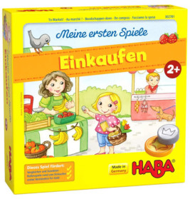Gelbe HABA-Spieleschachtel Einkaufen mit Kindern beim Einkaufen, geeignet ab 2 Jahren.