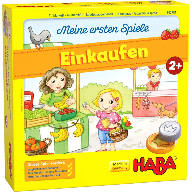 Gelbe HABA-Spieleschachtel Einkaufen mit Kindern beim Einkaufen, geeignet ab 2 Jahren. Gelbe HABA-Spieleschachtel Einkaufen mit Kindern beim Einkaufen, geeignet ab 2 Jahren.
