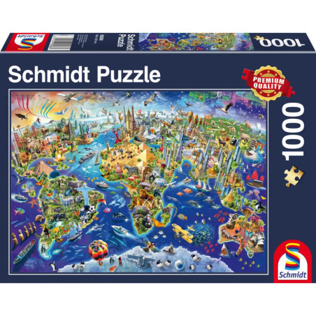Schmidt Puzzle, 1000 Teile, zeigt eine farbenfrohe Weltkarte mit Wahrzeichen und Tieren auf der Verpackung. Schmidt Puzzle, 1000 Teile, zeigt eine farbenfrohe Weltkarte mit Wahrzeichen und Tieren auf der Verpackung.