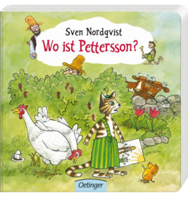 Buchcover mit einer Katze in grüner Latzhose, Huhn, Kühen und Mann mit gelbem Hut im Garten.