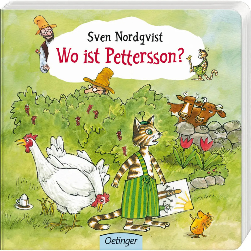 Buchcover mit einer Katze in grüner Latzhose, Huhn, Kühen und Mann mit gelbem Hut im Garten.