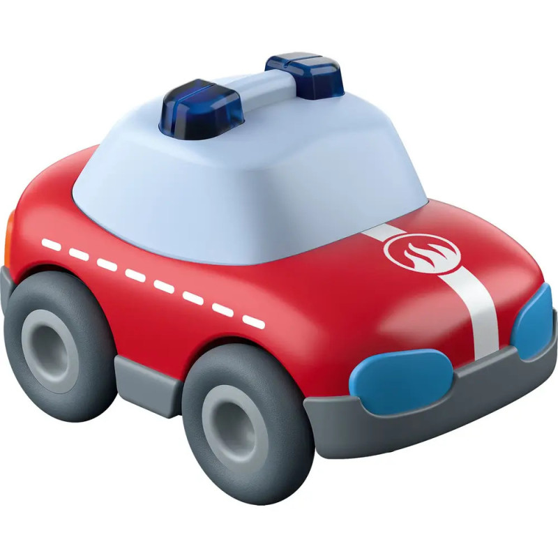 Rotes und weißes Spielzeugauto mit blauen Sirenen, schwarzen Rädern und Flammensymbol auf der Motorhaube. Rotes und weißes Spielzeugauto mit blauen Sirenen, schwarzen Rädern und Flammensymbol auf der Motorhaube.